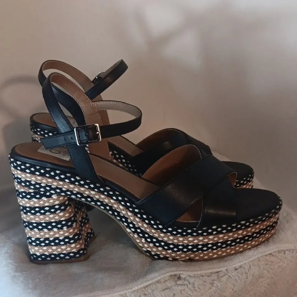 Dolce Vita Black Platform Sandals with Woven Tan & White Trim